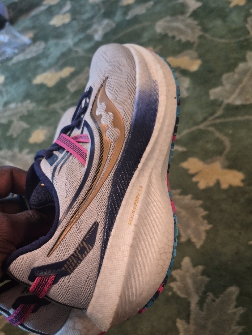 Saucony Women's White, Navy & Pink Running Shoes with Gold Accents - Picture 4 of 10